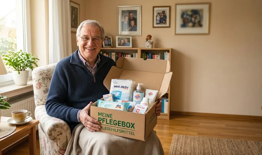 Senior hält die sanus+ Pflegebox